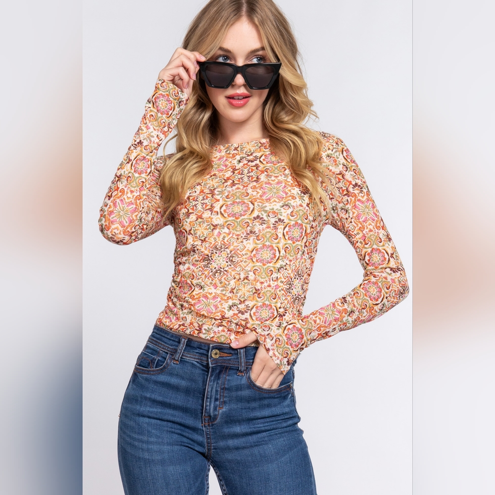 ACTIVE BASIC Ruched Printed Long Sleeve Top SALE 20% OFF!!